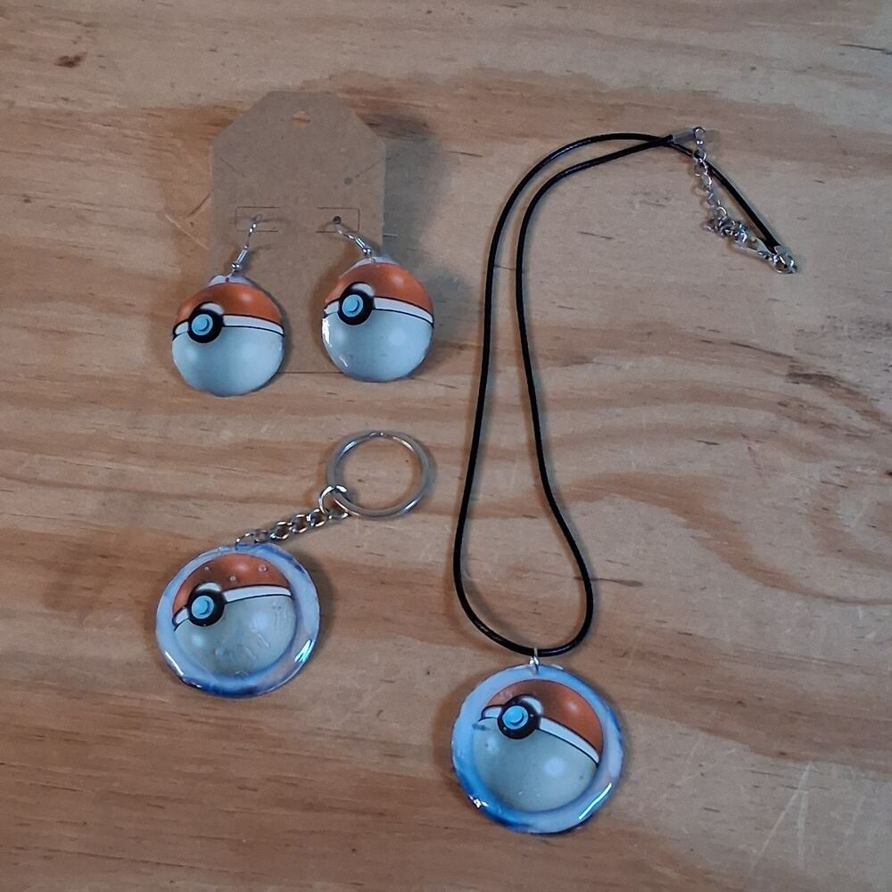 Handmade Ball Red White Jewelry Set Earrings Necklace Keychain Set Round Resin